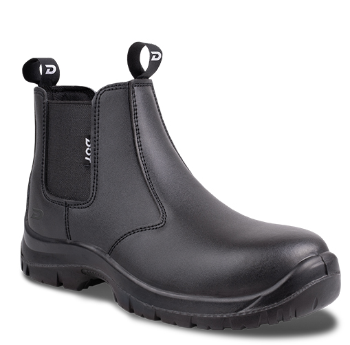 DOT Safety Chelsea boot in black sitting at an angel.